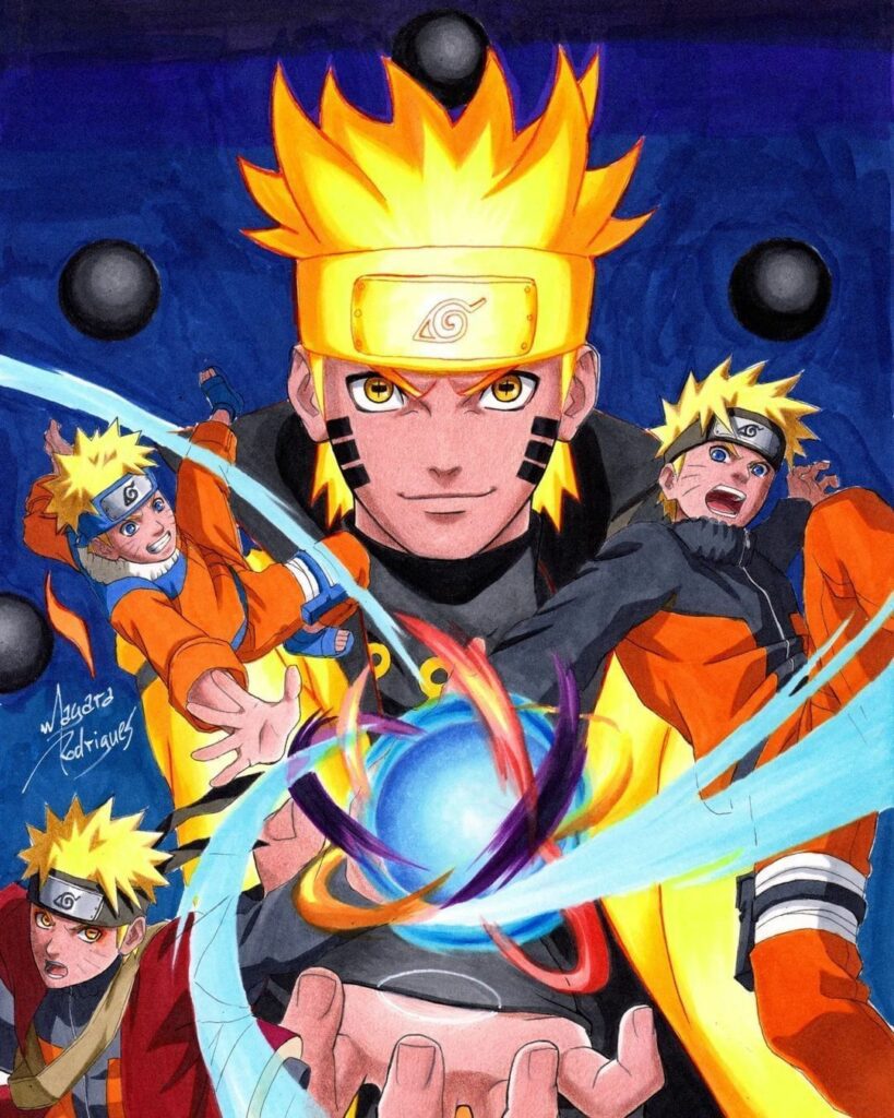 Naruto Uzumaki with all his past self using rasengan